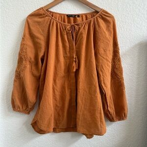 Massimo Dutti Blouse Womens Sz S Embroidered Detail Orange Rust Button Bohemian